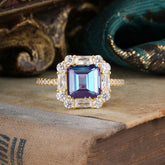 2.5CT Radiant Cut Alexandrite Engagement Ring Pave Halo Bridal Ring